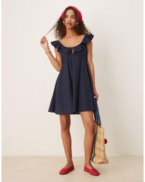 esmé studios Esmee Exclusive Shirred Beach Mini Dress With Frill Straps And Bow Detail - Blue