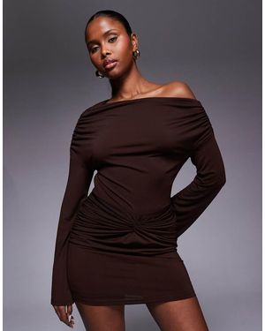 Ruched & Ready Sculpting Asymmetric Shoulder Flare Sleeve Twist Front Detail Mini Dress - Blue