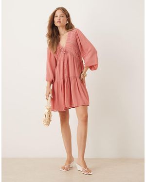 Nobody's Child Marley Boho V-Neck Mini Dress - Pink