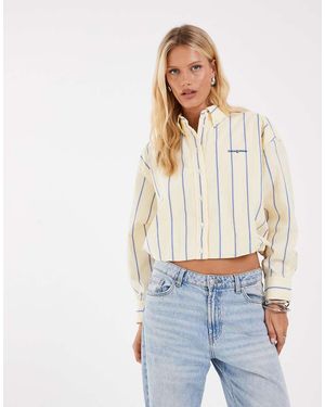 Tommy Hilfiger Camicia Corta Gialla A Righe Con Logo - Bianco