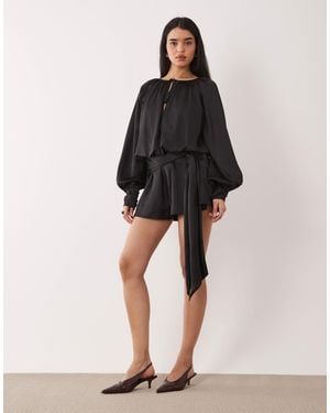ASOS Satin Long Sleeve Playsuit With Tie Detail - Black