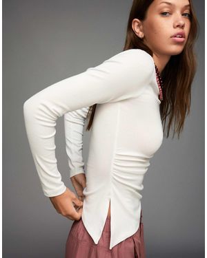 Bershka – langärmliges asymmetrisches t-shirt - Weiß