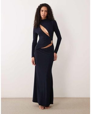 ASOS Vestito Lungo Con Maniche Lunghe, Collo Alto, Cut-Out E Profili Dorati - Blu