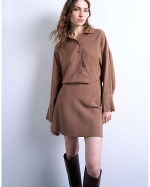 TOPSHOP Waisted Micro Mini Shirt Dress - Brown