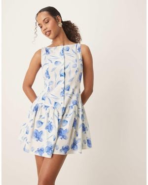 ASOS Slash Neck Button-down Dropped Waist Mini Sundress - Blue