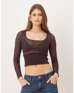 Motel Nolita Long Sleeve Ribbed Waist Lace Top - Blue