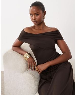 The Frolic Exclusive Slinky Wrap Asymmetric Detail Drop Waist Ruched Detail Maxi Dress - Brown