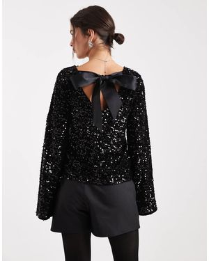 Pieces Backless Sequin Top With Satin Bow Back - Black