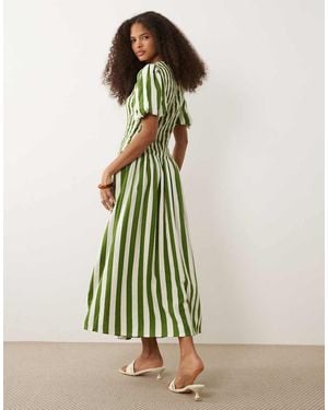 Nobody's Child Amanda Linen Blend Puff Sleeve Shirred Bodice Midi Dress - Natural