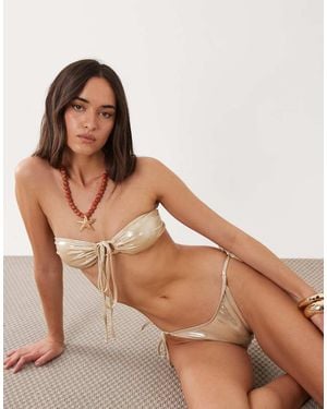 Miss Selfridge Shiny Bandeau Tie Detail Bikini Top - Brown
