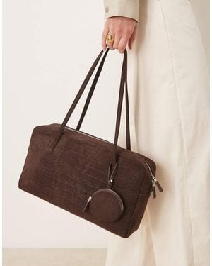 Mango Bolso Chocolate Estilo Bolera De 100% Ante Efecto Piel De Cocodrilo De - Marrón