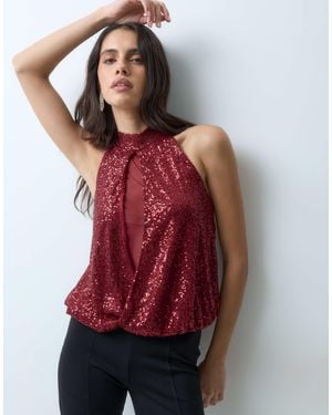 ASOS Sequin Draped Top With Mesh - Red