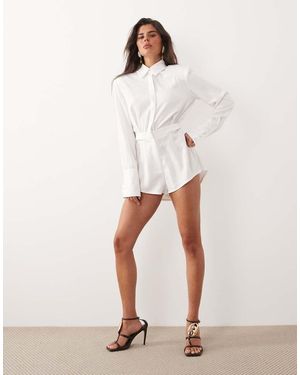 Noughts & Kisses Cotton Rich Shoulder Pad Detail Cinch Waist Playsuit - Natural