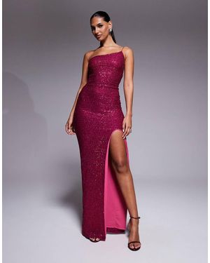 Vesper One Shoulder Sequin Maxi Dress With Thigh Split - Purple
