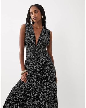 Vila Ruched Waist Deep V Neck Maxi Dress - Black