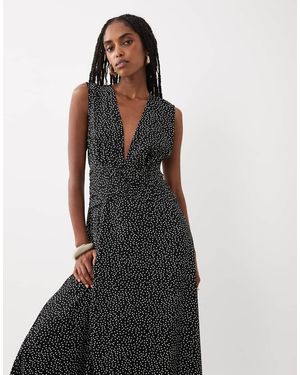 Vila Vestido Largo Y Blanco Con Estampado De Lunares, Cuello De Pico Pronunciado Y Cintura Fruncida - Negro