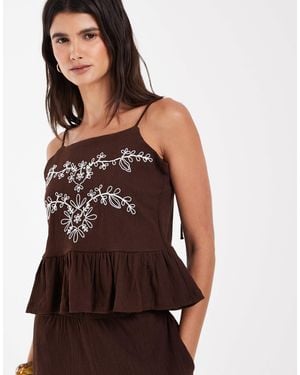 Object Crinkle Cotton Frill Hem Embroidered Cami Top Co-ord - Brown