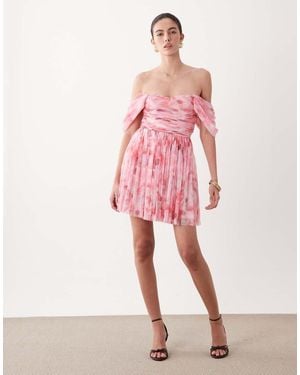 LACE & BEADS Tulle Off The Shoulder Draped Sleeves Mini Dress - Pink