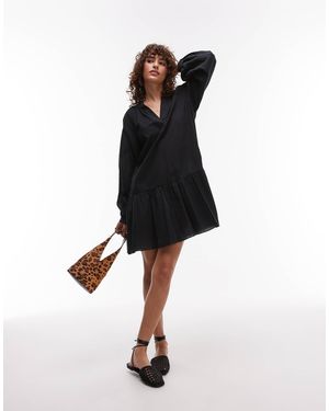 ARKET Seersucker Mini Dress With Tiered Hem And Puff Sleeves - Black