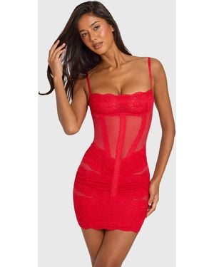 Oh Polly Mesh Square Neck Lace Trim Mini Dress - Red