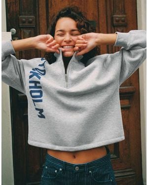 Pull&Bear Quarter-Zip Graphic Sweatshirt - Grey