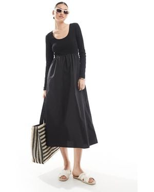 Threadbare Long Sleeve Jersey Poplin Mix Midi Dress - Black
