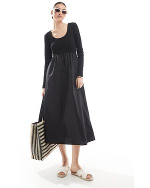 Threadbare Vestido Midi De Manga Larga De Mezcla De Popelina Y Punto Liso De - Negro