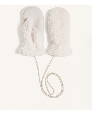 Oysho Faux Shearling Mittens With Cord - Natural