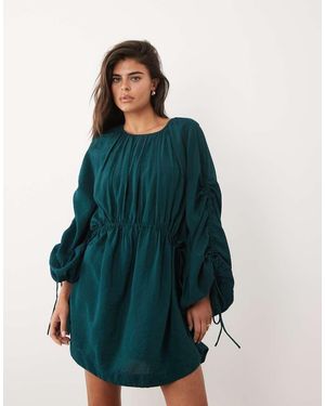 ASOS Crew Neck Mini Dress With Ruched Waist Channel And Blouson Sleeves - Blue