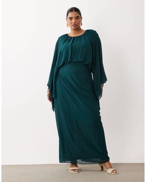 Tfnc Plus Crew Neck Chiffon Cape Detail Maxi Dress - Green