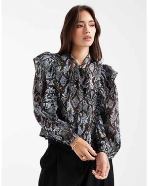 Wednesday's Girl Chiffon Ruffle Blouse With Scarf - Black