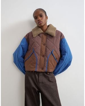 TOPSHOP Veste matelassée color block avec col en imitation peau - Bleu