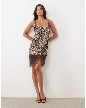 ASOS Textured Sequin Mini Dress With Beaded Fringed Hem - Natural