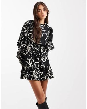 Wednesday's Girl Tie Waist Long Sleeve Mini Dress - Black