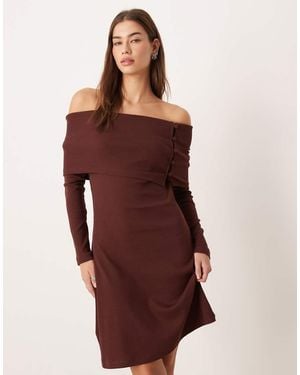 ASOS Bardot Rib Mini Dress With Button Detail In Chocolate - Red