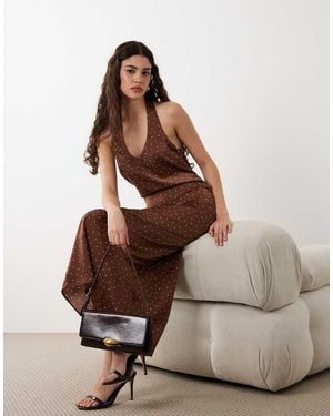 New Look Polka Dot Cowl Neck Halter Satin Midi Dress - Brown