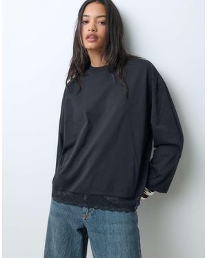 Miss Selfridge Oversized T-Shirt Met Lange Mouwen En Kanten Zoom - Blauw