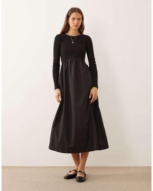 Threadbare Long Sleeve Jersey Poplin Mix Midi Dress - Black