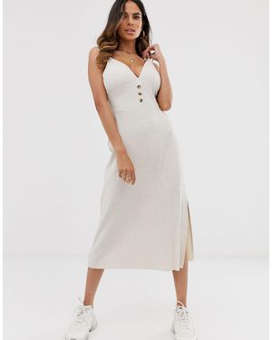 ASOS Rib Seamed Midi Skater Dress With Button Detail-neutral - White