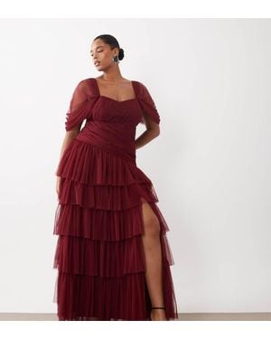 Lace & Beads Plus Tulle Fallen Shoulder Asymmetric Ruffle Detailing Maxi Dress - Red
