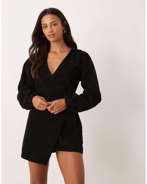 ASOS Corduroy Puff Sleeve Wrap Dress - Black