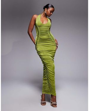 Ruched & Ready Vestido Largo Caqui Moldeador Con Cuello Ancho Y Detalles Drapeados En Las Caderas De -Verde