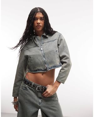 Liquor N Poker Boxy Double Zip Cropped Denim Jacket Co-Ord - Grey