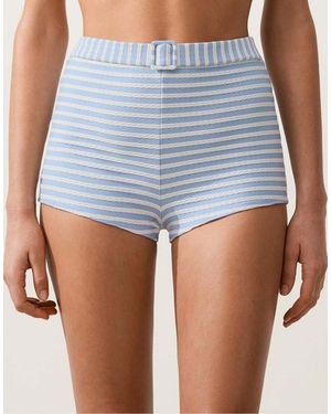 Oysho Striped Textured High-waisted Bikini Shorts With Belt Detail - Blue