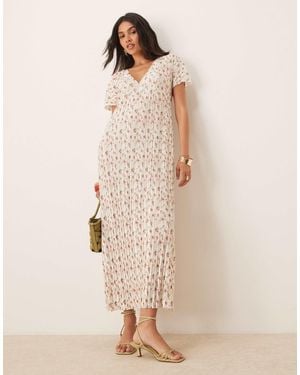 ASOS Plisse V Neck Midi Dress - Natural