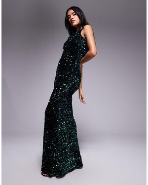 Goddiva Multi Sequin & Velvet Bardot Maxi - Blue