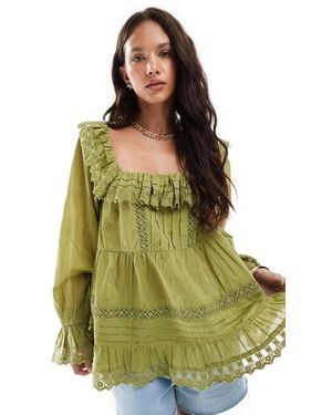 ASOS Mixed Lace And Broderie Square Neck Top - Green