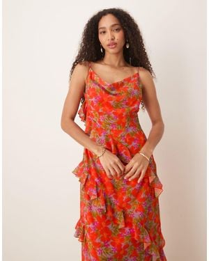 ANAYA Tropical Print Strappy Cowl Neck Midi Dress - Red