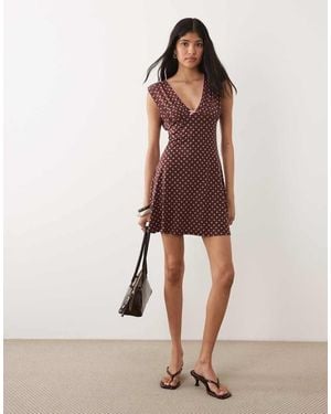 Miss Selfridge V-neck Picot Trim Mini Dress - Brown
