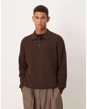 ASOS Knitted Textured Long Sleeve Polo - Brown